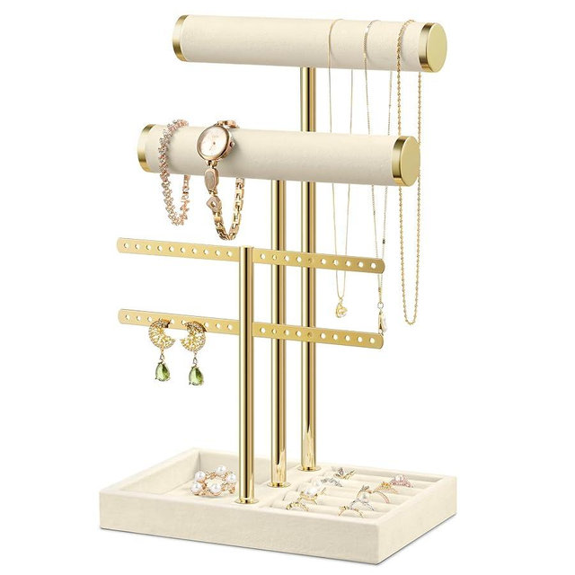 Josmimic Bracelet Holder Jewelry Organizer Display - 3 Tier T Bar Velvet Stand, Beige Jewelry Storage for Bracelet, Necklaces, Earrings, Rings, Watches