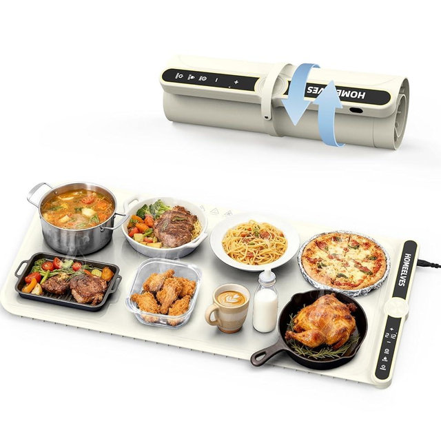 Food Warming Mat Extra Large, Rapid Heating Electric Warming Tray with 9 Temp Setting and 6 Hours Timer,Foldable Warming Trays for Food, Portable Food Warmers for Parties Buffet, Beige