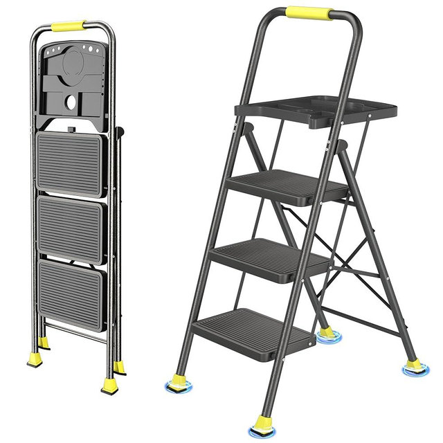 DIAMONDFORGE 3 Step Ladder, Folding Step Stool with Tool Platform, Wide Anti-Slip Pedal and Anti-Slip Feet, Sturdiest Steel Construction, 600lbs Capacity Steel Ladder for Home Office, Black Yellow