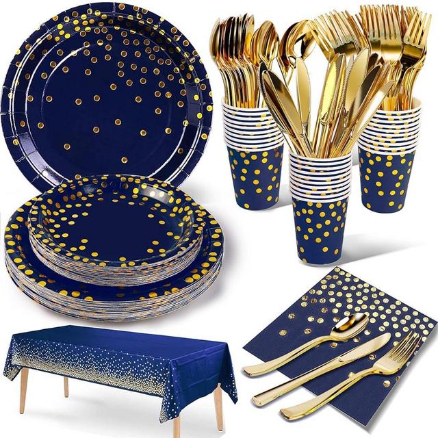Nkaiso 141 Pieces Navy Blue Gold Party Supplies, Party Dinnerware Sets Include Paper Plates Napkins Cups Silverware, for Wedding Bridal Shower Engagement Birthday Parties Decoration -20 Serves