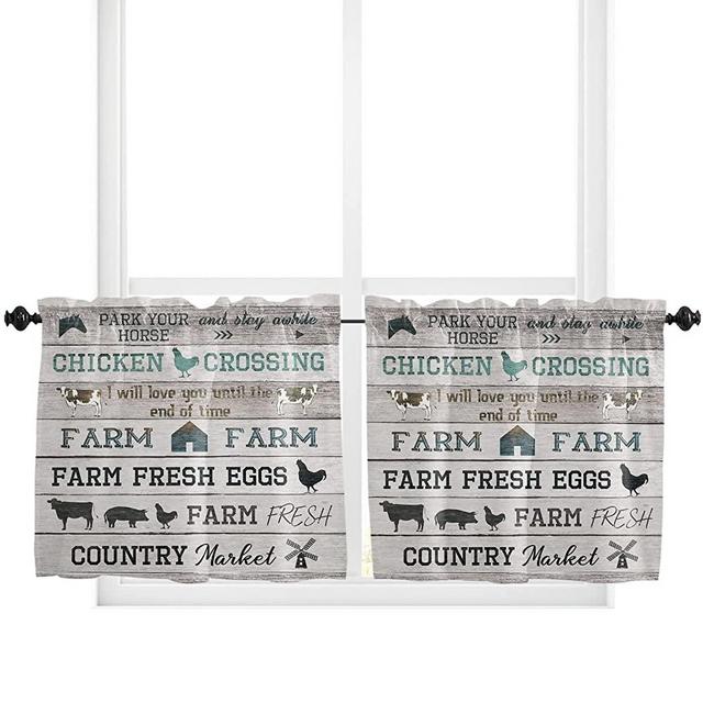 Farm Animals Tier Curtains 24 Inch Length, Farmhouse Cow Pig Horse Rooster Rustic Wood Board Rod Pocket Curtains Set of 2 Panels, Small Half Window Treatment Tiers for Kitchen Cafe Bathroom, 55"x24"
