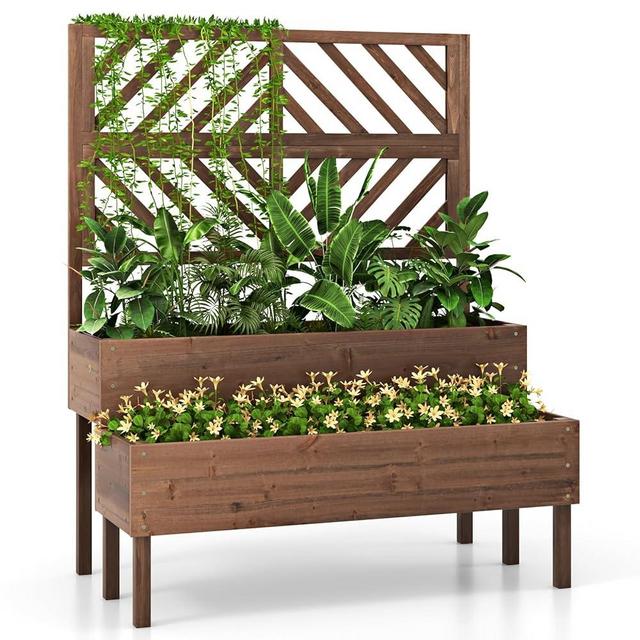 Toolsempire Raised Garden Bed with Trellis & 2 Planter Boxes, 2-Tier Outdoor Wooden Elevated Planter Box with Legs & Drainage Holes, Gardening Planter for Flowers, Herbs, Vegetables & Fruits(Brown)