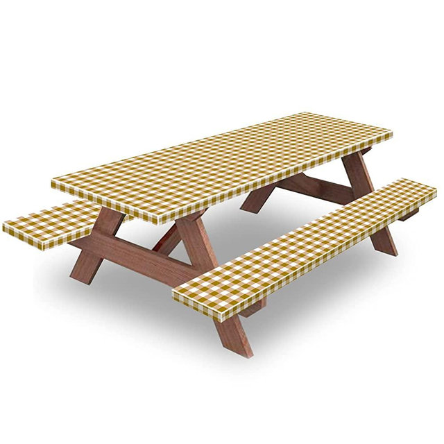 KENOBEE 6ft Picnic Table and Bench Fitted Tablecloth Cover, 72"x30" Flannel Backing Elastic Edge Waterproof Wipeable Plastic Cover Vinyl Tablecloth for Home Goods Indoor Outdoor Patio, Coffee-White