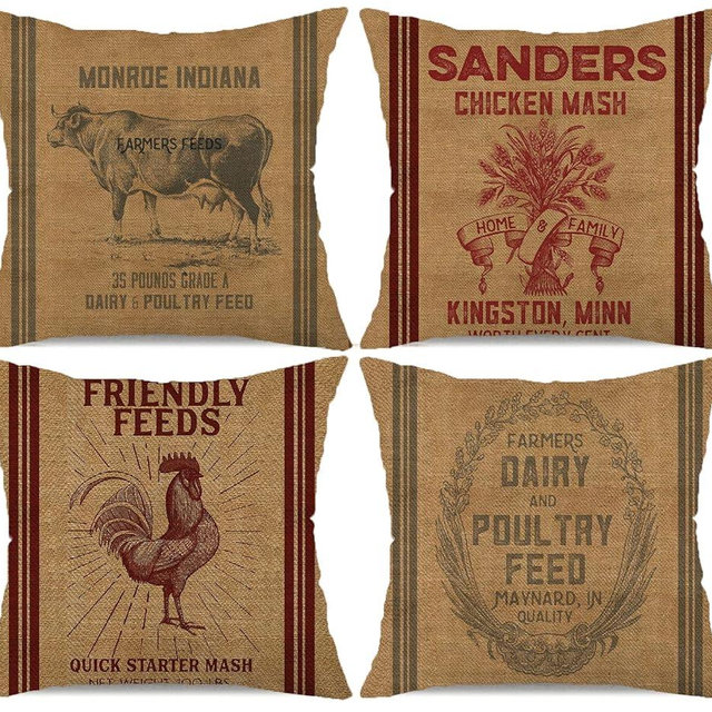 Vintage Farmhouse Animal Pillow Covers 18x18 Set of 4 Retro Farmer's Market Truck Rooster Sheep Feed Seed Premium Poultry Farm Home Décor Throw Pillow Case Cushion Cover for Sofa (18" X 18")