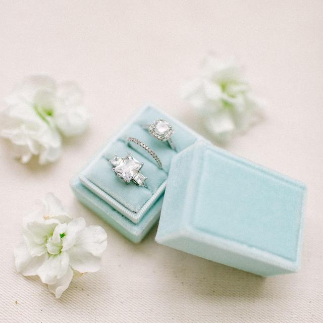 Engagement blue velvet ring box for three rings with monogram, 3 rings holder