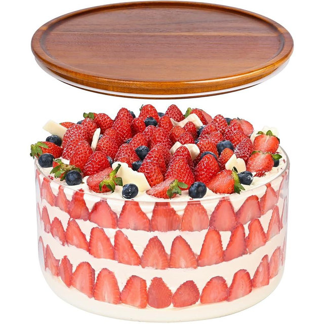LOVYANXUE 197 oz Large Glass Salad Bowl with Acacia Wood Lid - Glass Trifle Bowl, Versatile Serving Bowls for Cake, Salad, Fruit, Baking, Dessert, Meal Prep, Storing, Microwave & Oven Safe, BPA Free