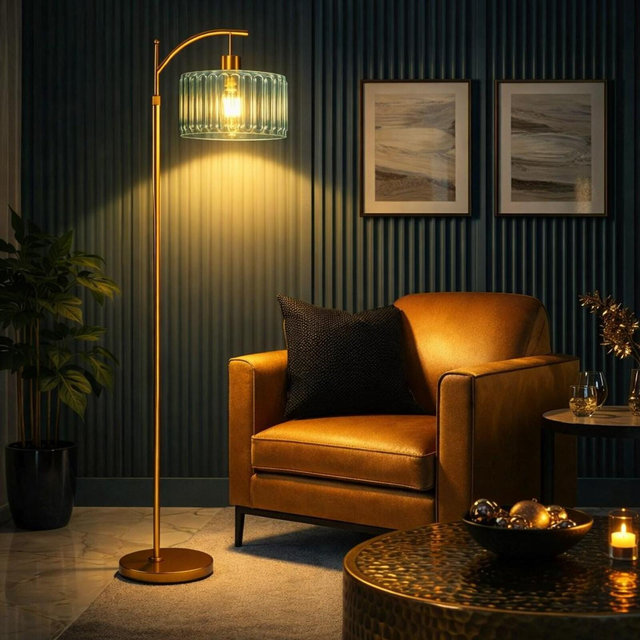 Mid Century Modern Gold Floor Lamp, Dimmable Green Glass Shade, Remote Control