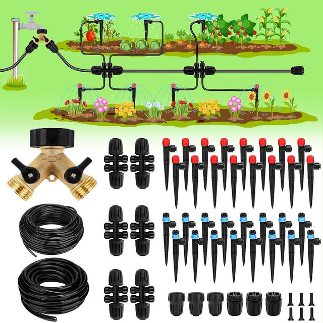 250FT Drip Irrigation System for Garden - 50FT 1/2" Main Tube & 200FT 1/4" Branch Tubing, Brass Splitter, Quick Connect Design, Perfect for Outdoor Plants, Raised Beds, Greenhouses