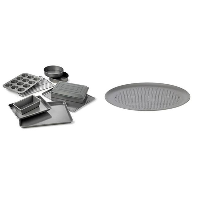 Calphalon Nonstick Bakeware Set, 10-Piece Set Includes Baking Sheet, Cookie Sheet, Cake Pans, Silver & Pizza Pan with Holes, 16-Inch Nonstick Round Pizza Crisper, Dishwasher Safe, Silver