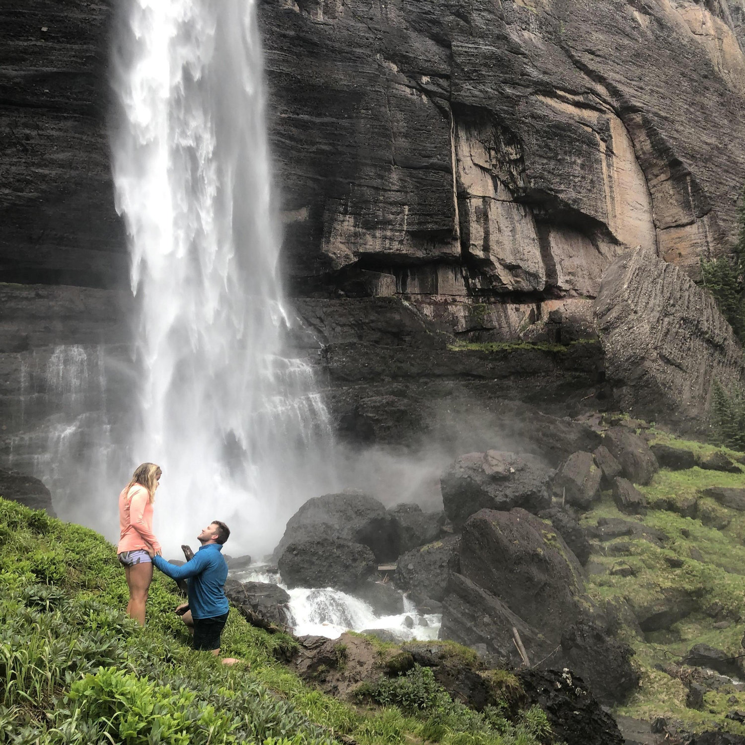 6.25.20-- Michael proposing at Bridal Veil Falls located in Telluride, Colorado.