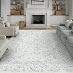 9x12 Blue Area Rug Non Slip Large Vintage Living Room Distressed Machine Washable Carpet Traditional Indoor Bedroom Blue Retro Floral Accent Throw Rug for Office Kitchen Dorm Dining Room