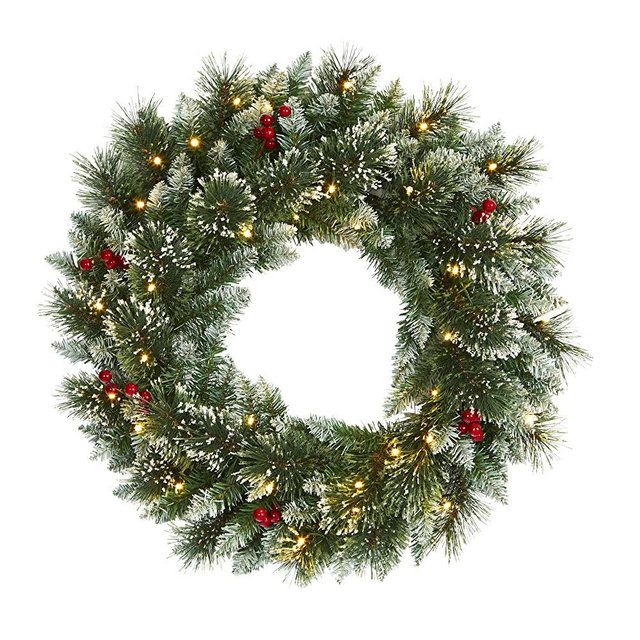 Nearly Natural 24in. Frosted Swiss Pine Artificial Wreath with 35 Clear LED Lights and Berries, Green