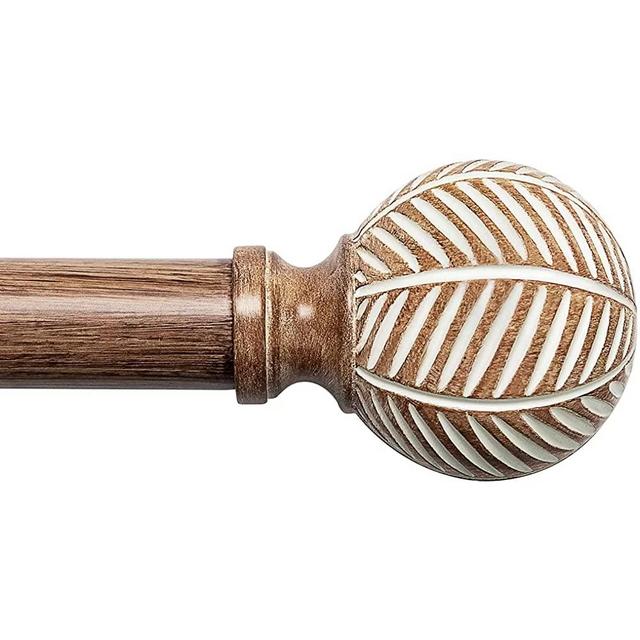 Wood Curtain Rods for Windows: 1 Inch Diameter Adjustable Drapery Rods 72" to 144", Decorative Window Curtain Rods with Leaf Pattern Finials,Heavy Duty Single Curtain Rods for Bedroom Kitchen Window Office