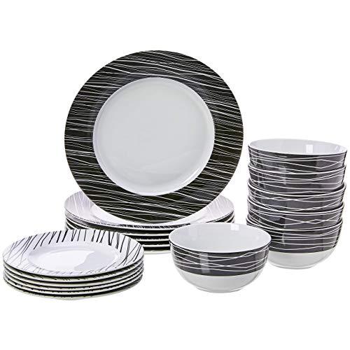 AmazonBasics 18-Piece Kitchen Dinnerware Set, Plates, Dishes, Bowls, Service for 6, Sketch
