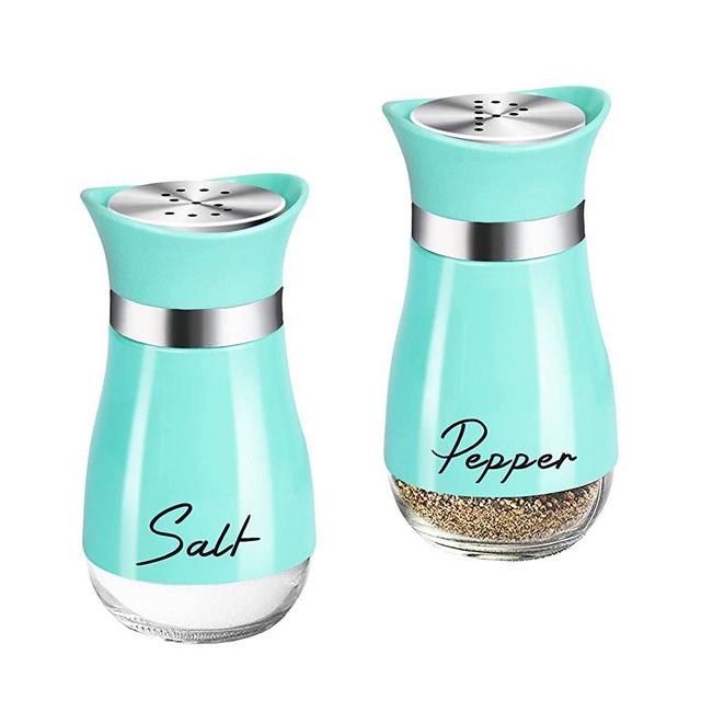 Salt and Pepper Shakers Set,4 oz Glass Bottom Salt Pepper Shaker with Stainless Steel Lid for Kitchen Cooking Table, RV, Camp,BBQ Refillable Design (Cyan-Blue)