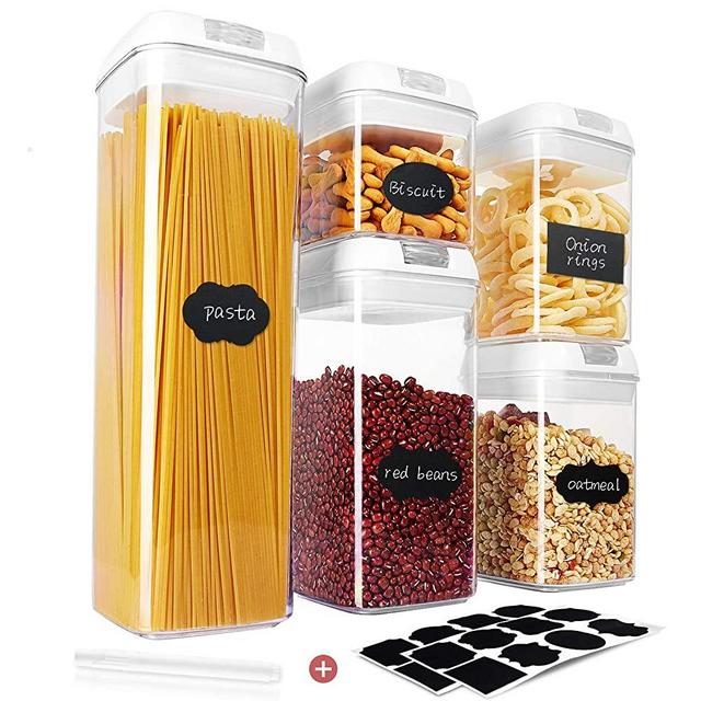 Qissep Airtight Food Storage Containers, 5 Pieces Cereal Container Storage Set with Easy Lock Lids, 20 Labels & 1 Pen, BPA Free Canister Sets for Kitchen Pantry Organization and Storage (181.2oz)