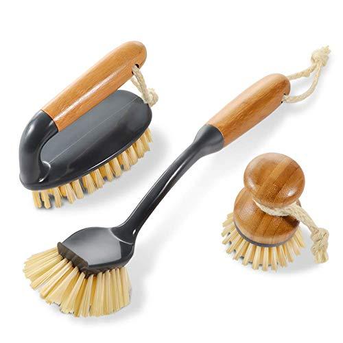 3PCS Household Bamboo Brushes Kitchen and Bathroom Cleaning Brushes,1 Scrub Brush,1 Pan Brush,1 Long Handle Dish Brush Masthome