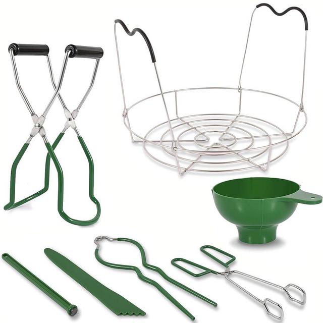 Canning Supplies Starter Kit - 7 Pieces Stainless Steel Canning Set Tools: Steamer Rack,Canning Funnel,Jar Lifter,Wrench, Tongs,Lid Lifter/Bubble Remover Tool, for Canner/Pot, Beginner (Green)