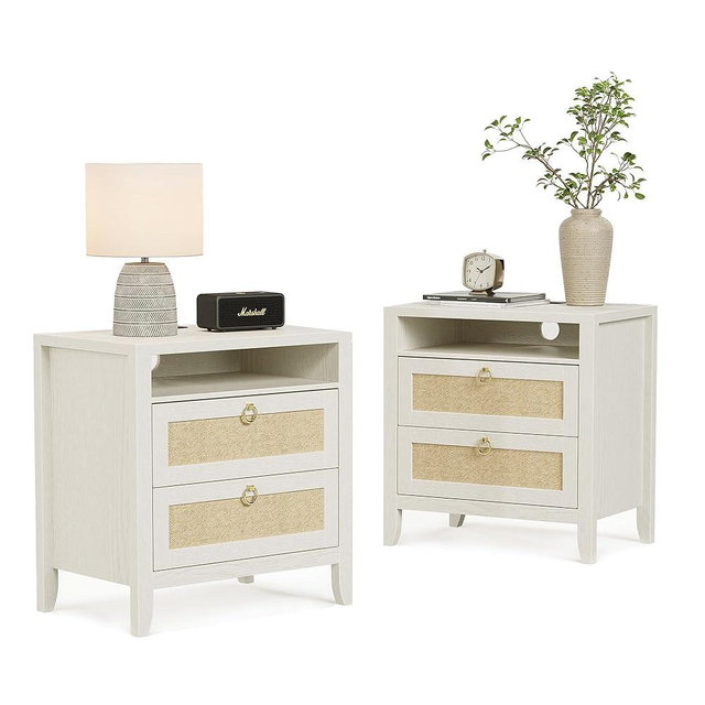 Dowinx 23.6" White Night Stand Set of 2, Large Rattan Nightstands with Charging Station 2 Drawers and Strage Shelf, Boho Night Stand Set of 2, Bed Side End Tables Dresser for Bedroom, Cream White
