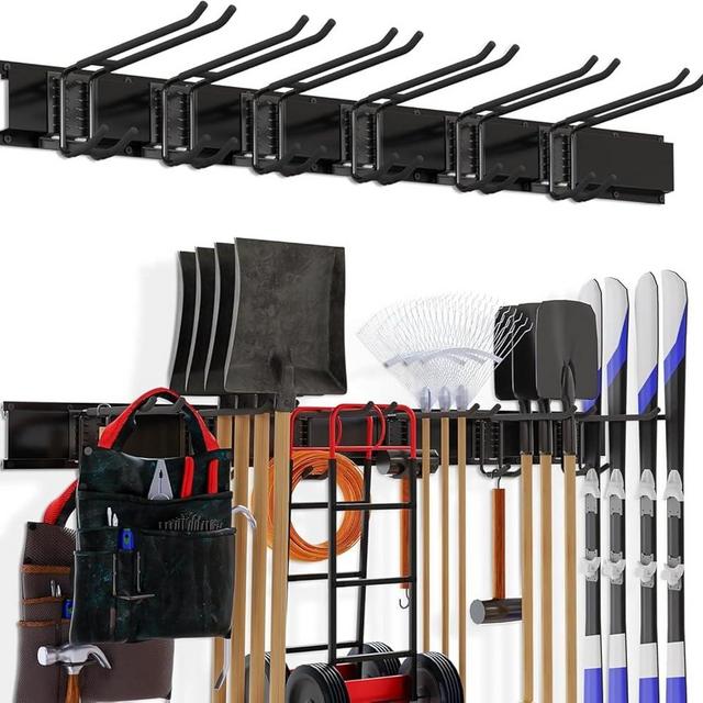 Madertool Garage Organization, Garage Tool Organizer Wall Mount with 48 inches Rails and 6 Double-layer Hooks, Tool Organizer Rack For Yard Tools, Shovel, Chair, Snowborad