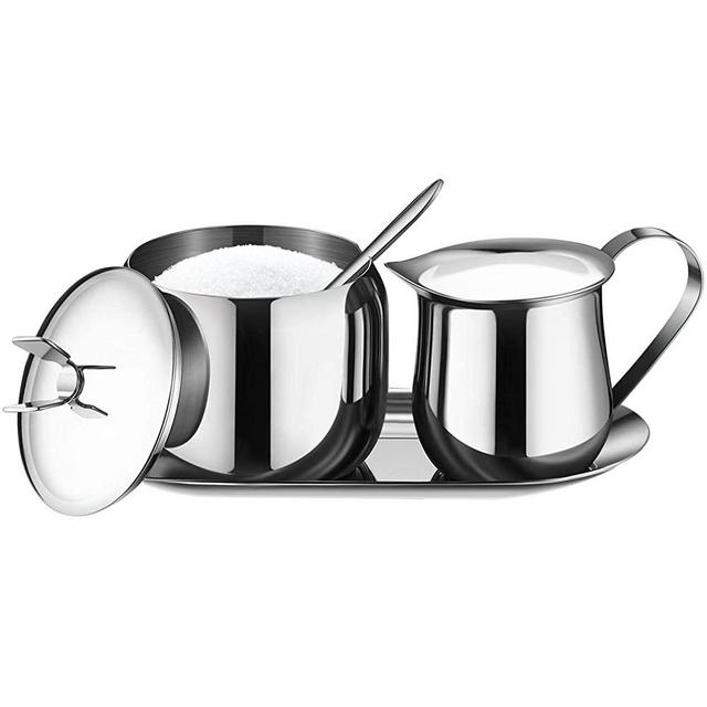 Creamer and Sugar Bowl Set Stainless Steel Latte Milk Cup Cream Jug and Sugar Bowl with Lid Spoon Tray for Coffee Serving Set Frothing Milk