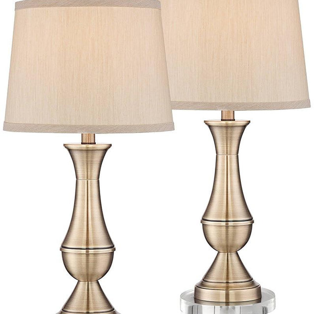 Regency Hill Becky Traditional Table Lamps 25 3/4" Tall Set of 2 with Round Acrylic Risers Antique Brass Beige Drum Shade for Bedroom Living Room House Home Bedside Nightstand Office Family