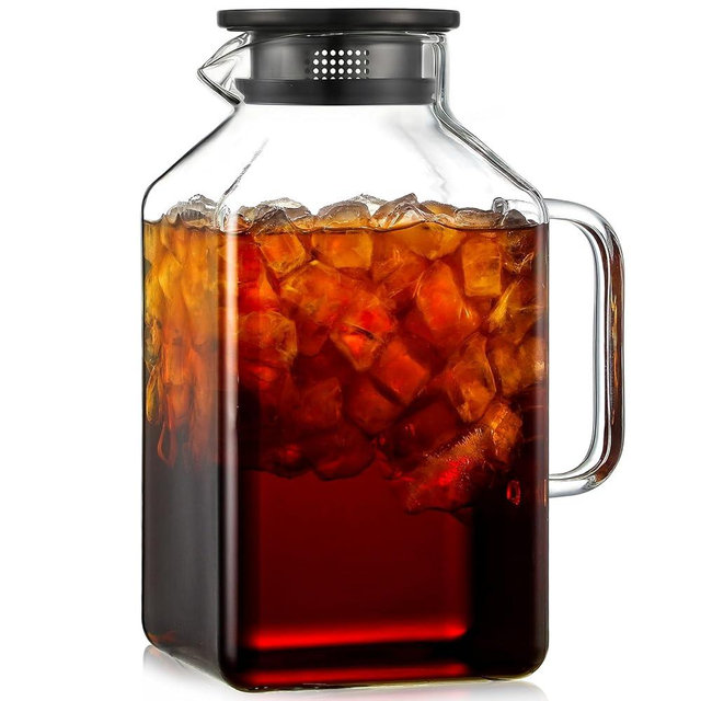 1 Gallon Square Glass Pitcher with Lid and Spout, Borosilicate Glass Carafe for Hot/Cold Drink, Water Pitchers with Handle for Fridge, Extra Large Jug for Iced Tea, Coffee, Juice, Beverage, Black