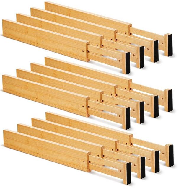 Sawysine 12 Pcs Bamboo Drawer Dividers Adjustable Drawer Organizers Spring Separators Organization Expandable Organizers for Kitchen Bedroom Bathroom Dresser Office (Natural Color,17 x 2.4 Inches)