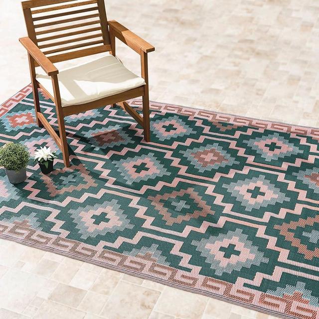 Fab Habitat Outdoor Rug - Waterproof, Fade Resistant, Crease-Free, Reversible - Premium Recycled Plastic - Vintage Boho Kilim - Patio, Porch, Deck, Balcony - Lhasa - Green - 5 x 8 ft