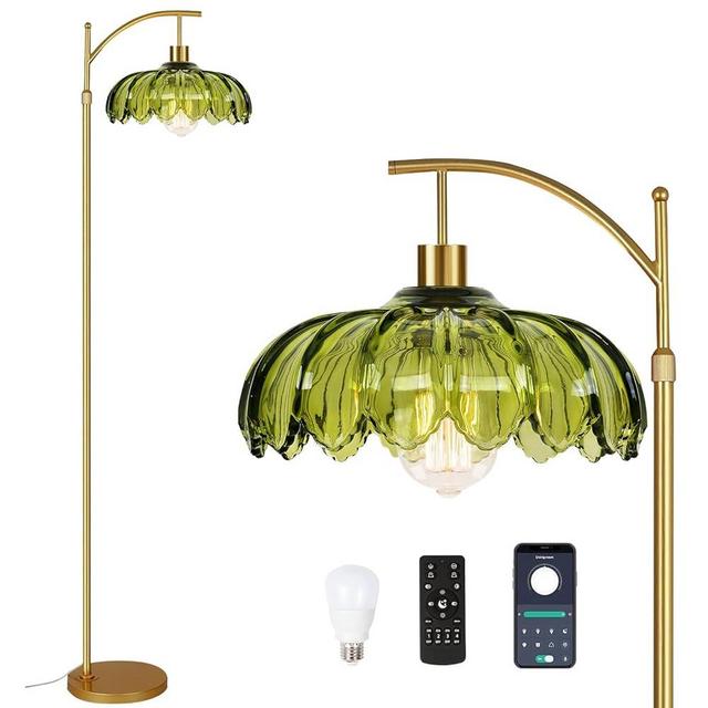 Gold Floor Lamps for Living Room Glass Vintage Floor Lamp with Remote Control,Dimmable Mid Century Modern Standing Lamp with 3 Color Temperature Tall Flower Lamp Brass Floor lamp for Bedroom Corner