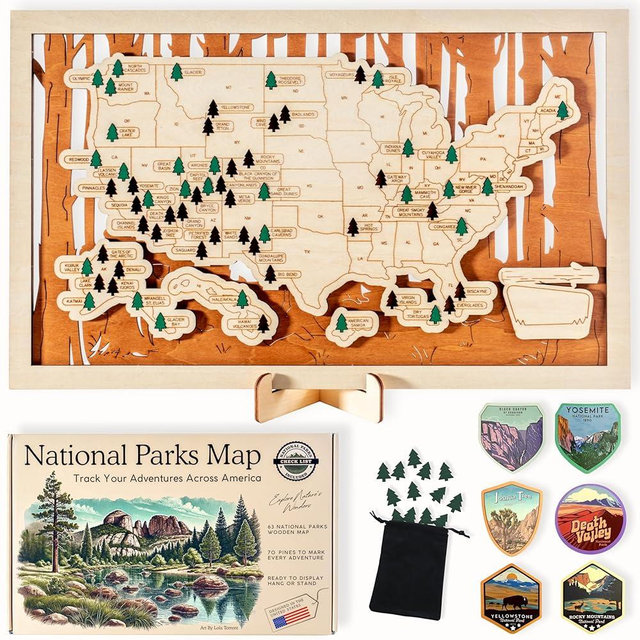 National Parks Map – USA Travel Tracker with Checklist, Pins & Stickers – Adventure Gift for Park Lovers, Couples & Families, Bucket List Wall Art Decor