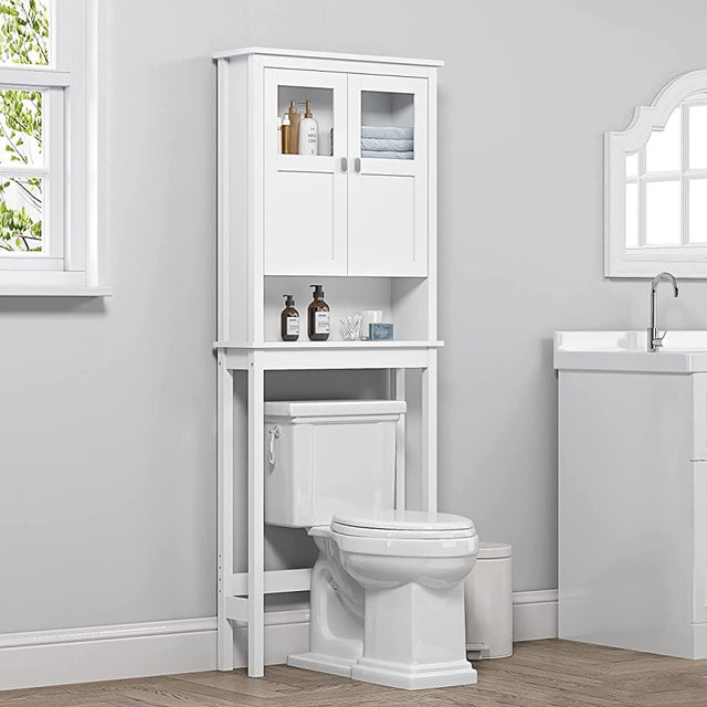 Spirich Home Bathroom Cabinet Over The Toilet, Bathroom Storage Cabinet with Glass Doors and Adjustable Shelves, Over The Toilet Storage Cabinet, White