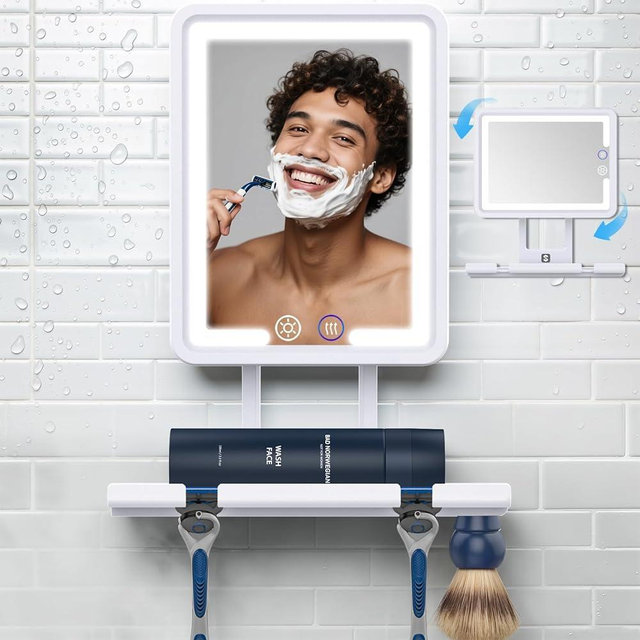 Shinowa Heated Shower Mirror Fogless for Shaving, 360° Adjustable Lighted Shower Mirror with 3 Color Modes, Rechargeable Anti Fog Shaving Mirror with Large Storage Tray & Razor Holder, White