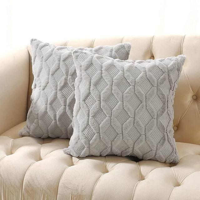 Volcanics Pack of 2 Faux Wool Throw Pillow Covers 20x20 Inches Decorative Farmhouse Velvet Couch Pillow Case Soft Plush Square Boho Cushion Pillowcase, Light Grey