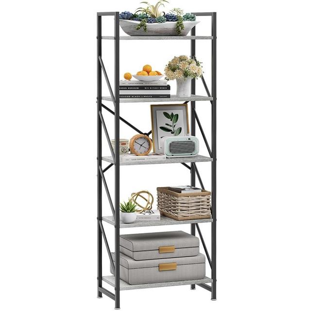 Huhote 5 Tiers Bookcase Shelf,Industrial Rustic Storage Rack with Shelves,Wood Tall Bookshelf Open Shelf,Farmhouse Bookshelf Book Case for Bedroom/Living Room/Home Office,Gray