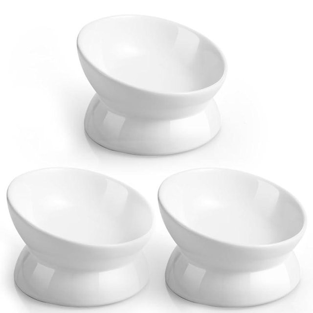 LoeJan Elevated Cat Food Bowl, 5 Oz Ceramic Raised and Tilted Water Bowl, Anti Vomiting and Protect Pets' Spines Dishes for Small Dog, Fat Faced Cat, Kitten (White, 3 Pack)