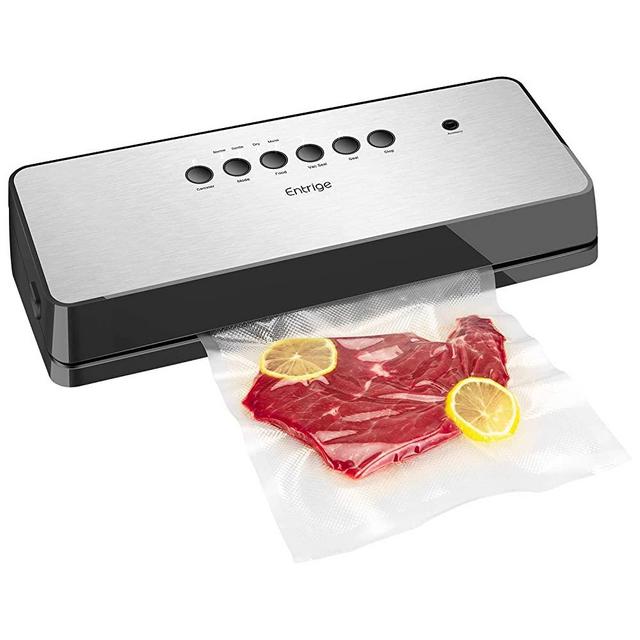 Vacuum Sealer Machine By Entrige, Automatic Food Sealer for Food Savers w/Starter Kit, Dry Moist Food Modes, Easy to Clean, Led Indicator Lights, Compact Design, Silver(Stainless Steel)