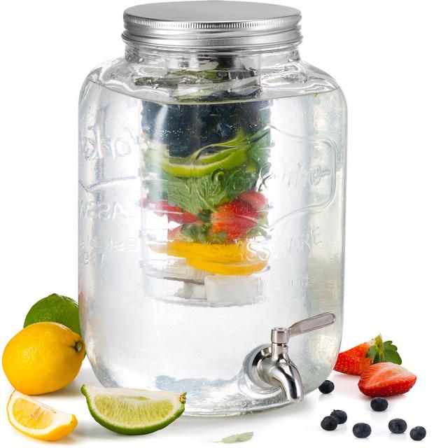 KooK Glass Drink Dispenser with Fruit & Ice Infuser and Stainless Steel Spigot, 2 Gallon