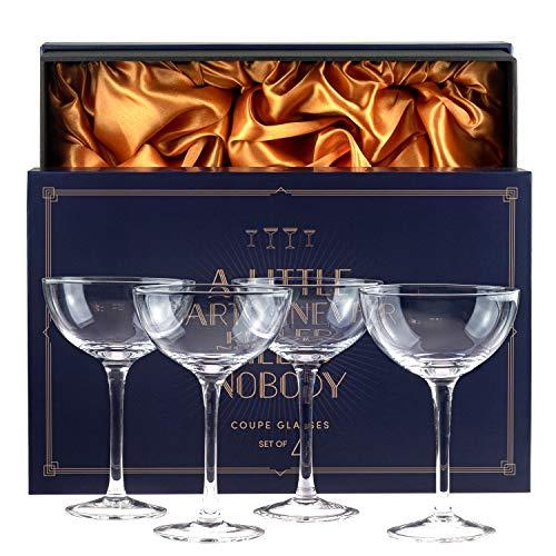 Vintage Crystal Champagne Coupe Glasses | Set of 4 | 4-5 oz Classic Cocktail Glassware - Martini, Manhattan, Cosmopolitan, Sidecar, Daiquiri | 1920s Speakeasy Retro Style Saucers | Gift Box