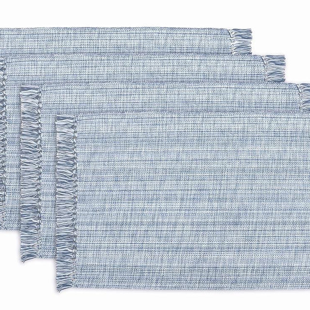 PurpleEssences Chambray Placemats with Fringes - 100% Cotton, Set of 4, 13x19 Inch, Thick Durable Table Mats for Dining, Kitchen, or Casual Farmhouse Tabletop Décor - Smoky Blue and H.White