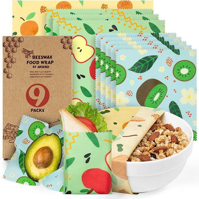 Reusable Food Wraps w/ Beeswax Assorted 9 Packs - Eco-Friendly Reusable Wrap, Biodegradable, Zero Waste, Organic, Sustainable, Plastic-Free Food Storage, 1L Pear, 3M Apple, 5S Kiwi Assorted Patterns