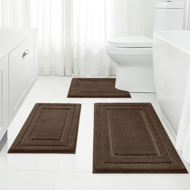 HOMEIDEAS Bathroom Rugs Sets 3 Piece, Super Soft and Absorbent Non Slip Microfiber Toilet Bath Mat with U-Shaped (Brown)