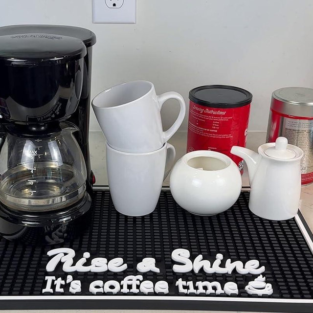 Coffee Bar Mats for Countertop Rise and Shine It's Coffee Time Sign 18x12 in Espresso Machine Mat Compatible, Premium Silicone Mat for Countertop for Tiki Bar Decor and Tiki Decorations