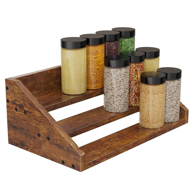 3 Tier Wood Spice Rack Organizer for Cabinet, Super Sturdy Display Riser Shelf Seasoning Organizer for Countertop Pantry Cupboard, Retro Storage Holder for Kitchen Condiment Jar Spice Container