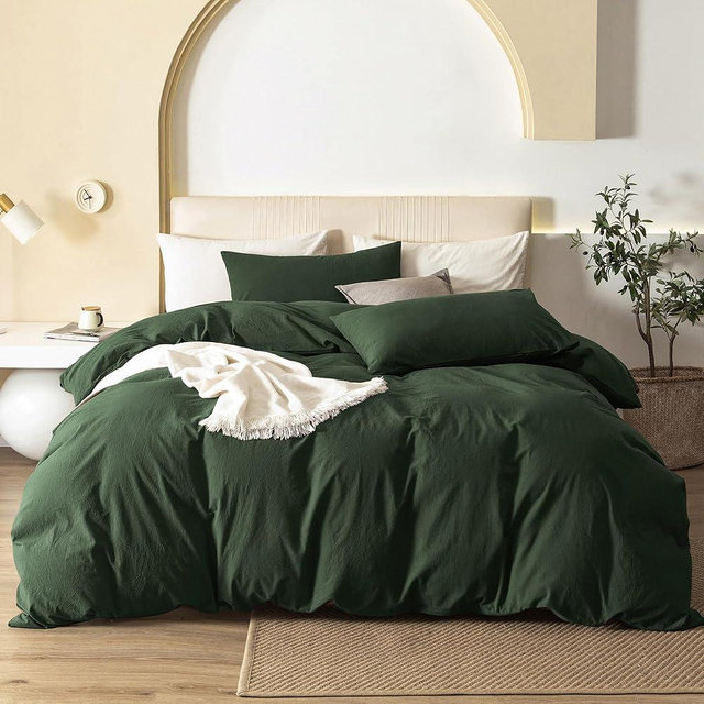 JIYUAN 100% Washed Cotton Duvet Cover Set 3 Pieces Oversized King, 1 Duvet Cover 120x98 Inches(Comforter Not Included) and 2 Pillowcases,Linen Feel Bedding Set Comfy and Breathable,Forest Green