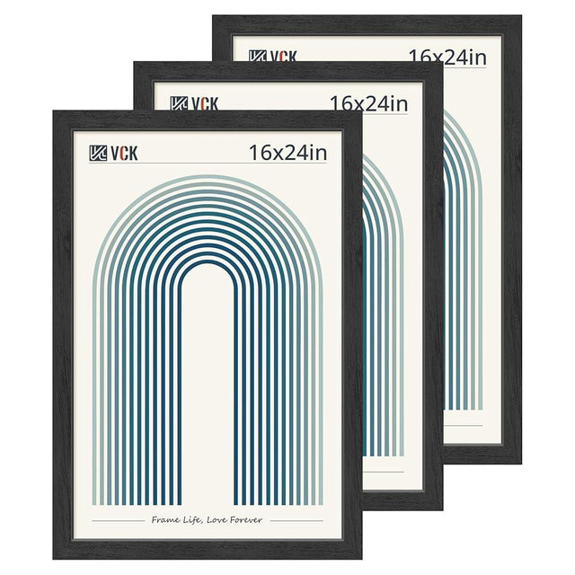 VCK 16x24 Picture Frame 3 Pack, Black Wood Poster Frame with Exclusive Wood Grain, Studio & Concert & Gallery Frame, Wall Hanging