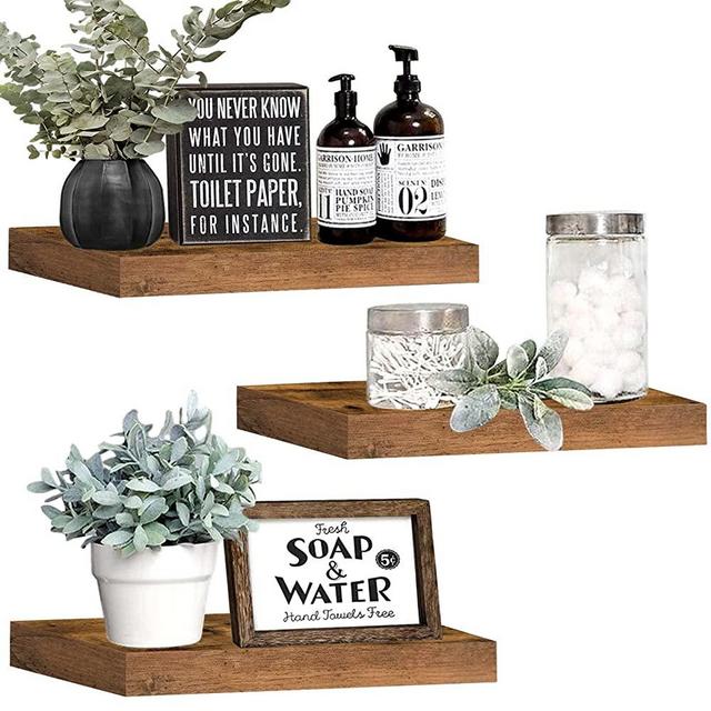 QEEIG Floating Shelves Wall Shelf 15 inches Long Bathroom Shelfs Farmhouse Bedroom Shelve Set of 3, Rustic Brown