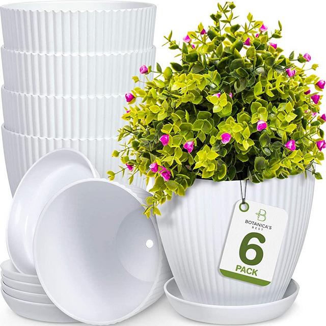 Botanica's Best 6 inch Plant Pots for Plants - Set of 6 White Modern Indoor and Outdoor Plastic Planter Flower Pot for Office Decor and Patio Garden - Planters Include Drainage Hole and Saucer Tray