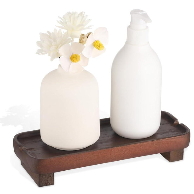 Wood Riser Small Decorative Tray Sink Soap Dish, Vanity Tray Pedestal Stand 8.7 x 3.6 inches (Dark Brown)