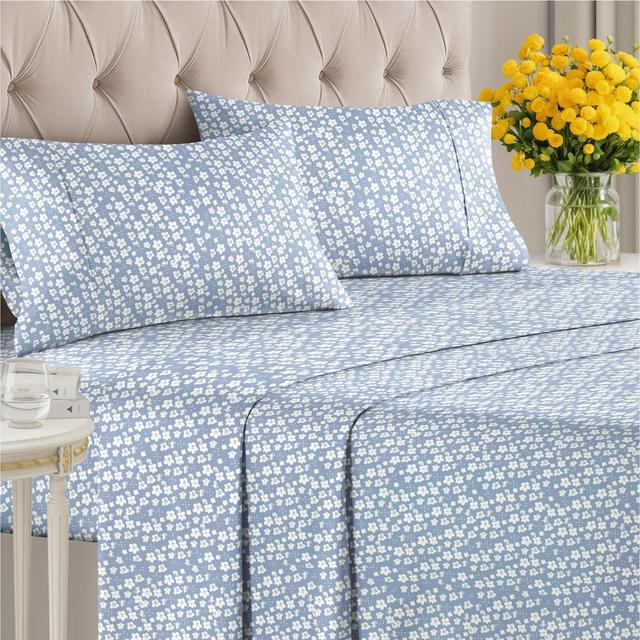 CGK Linens Luxuriously Soft 4-Piece Floral Sheet Set - Wrinkle-Resistant, Printed Pattern in Blue Meadow, Size Queen